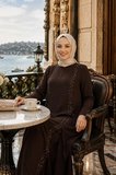 Kadın İnci İşlemeli Kahverengi Tunik-Pantolon İkili Takım 
