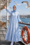 Kadın Düğmeli Kat Detaylı Keten Mavi Elbise