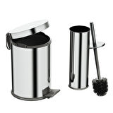 Aqua Bagno Basic Set - Klozet Fırçası + Çöp Kovası 3 L, 2 Parça, Parlak Krom Paslanmaz