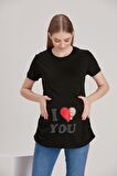 IŞŞIL 4490-Kalpten Bakan Bebek Kısa Kol Viskon Hamile T-Shirt Siyah-S