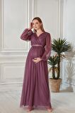 IŞŞIL A0024-Sim Puanlı Tül Maxi Hamile Abiye-BabyShower Elbise