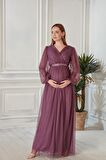 IŞŞIL A0024-Sim Puanlı Tül Maxi Hamile Abiye-BabyShower Elbise