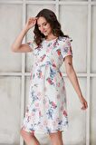 IŞŞIL 4517-Bahar Çiçek Hamile Mini Şifon Elbise