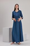 IŞŞIL 8446-Emzirme Detay Fermuar Yaka Tencel Maxi Hamile Elbise