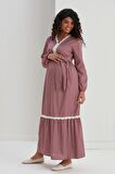IŞŞIL M057-Mini Kare Dantelli Pamuk Hamile Maxi Elbise