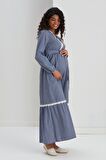 IŞŞIL M057-Mini Kare Dantelli Pamuk Hamile Maxi Elbise