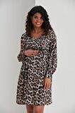 IŞŞIL E0040-Leopar Desen Hamile Qeen Crep Mini Elbise