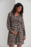 IŞŞIL E0040-Leopar Desen Hamile Qeen Crep Mini Elbise