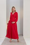 IŞŞIL O7053-Kruvaze Şifon Kuşak Baby Shower Maxi Hamile Elbise