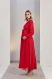 IŞŞIL O7053-Kruvaze Şifon Kuşak Baby Shower Maxi Hamile Elbise