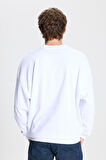 Erkek Beyaz Oversize Bol Kesim 3 Iplik Bisiklet Yaka Pamuklu Sweatshirt