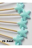 15 Cm Uzun Kürdan - 15 Adet Mavi Deniz Yıldızı Dekoratif Pasta Kürdanı - Kokteyl Karıştırıcı