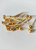 100 Adet Gold Dünya Boncuklu Pasta Kürdanı 6 cm -  Boncuk 8 mm - Disko Toplu Kanepe Kürdanı