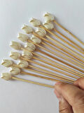 15 cm Uzun Kürdan - 45 Adet Laleli Pasta Kürdanı Krem - Kokteyl Karıştırıcı - Lale 1,5 cm