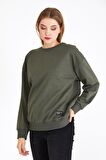 Metalic Kadın Haki Renk Basic Bisiklet Yaka Sweatshirt 