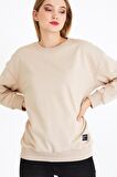 Metalic Kadın Bej Renk Basic Bisiklet Yaka Sweatshirt 