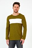 Haki Unisex Regular Fit Bisiklet Yaka Uzun Kollu  Şeritli Sweat