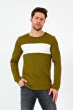 Haki Unisex Regular Fit Bisiklet Yaka Uzun Kollu  Şeritli Sweat