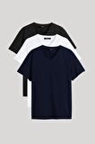 METALIC Erkek Çok Renkli T- Shirt Regular Fit Rahat Kesim V Yaka 3'lü Basic Tişört Paketi