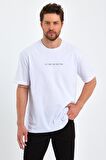  Erkek Beyaz Baskılı Basic Oversize Bisiklet Yaka Kısa Kollu T-shirt 