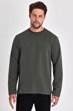 Erkek Haki Çift Bisiklet Yaka Standart Rahat Kesim Sweatshirt