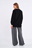Kadın Siyah Pamuklu Oversize Basic Bisiklet Yaka Sweatshirt