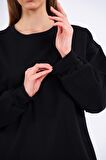 Kadın Siyah Pamuklu Oversize Basic Bisiklet Yaka Sweatshirt