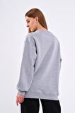 Gri Kadın Pamuklu Oversize Basic Bisiklet Yaka Sweatshirt