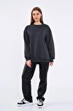 Antrasit Kadın Pamuklu Oversize Basic Bisiklet Yaka Sweatshirt
