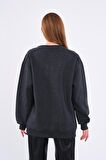 Antrasit Kadın Pamuklu Oversize Basic Bisiklet Yaka Sweatshirt