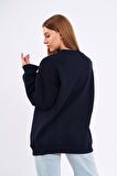 Lacivert Kadın Pamuklu Oversize Basic Bisiklet Yaka Sweatshirt