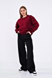 Bordo Kadın Pamuklu Oversize Basic Bisiklet Yaka Sweatshirt
