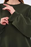 Haki Kadın Pamuklu Oversize Basic Bisiklet Yaka  Sweatshirt