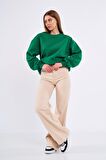 Yeşil Kadın Pamuklu Oversize Basic Bisiklet Yaka Sweatshirt