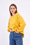 Sarı Kadın Pamuklu Oversize Basic Bisiklet Yaka Sweatshirt