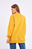 Sarı Kadın Pamuklu Oversize Basic Bisiklet Yaka Sweatshirt