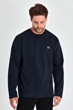 Erkek Lacivert Çift Bisiklet Yaka Baskı Detaylı Standart Rahat Kesim Sweatshirt