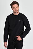 Erkek Siyah Çift Bisiklet Yaka Baskı Detaylı Standart Rahat Kesim Sweatshirt
