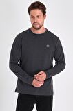 Erkek Antrasit Çift Bisiklet Yaka Baskı Detaylı Standart Rahat Kesim Sweatshirt