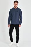 Erkek İndigo Çift Bisiklet Yaka Baskı Detaylı Standart Rahat Kesim Sweatshirt
