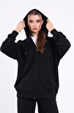 Siyah Kanguru Cepli Kapüşonlu Fermuarlı Oversize Kadın Sweatshirt