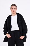Siyah Kanguru Cepli Kapüşonlu Fermuarlı Oversize Kadın Sweatshirt