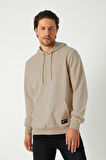 Erkek Bej Basic Kapüşonlu Regular Fit Normal Kesim 2 İplik Kumaş Günlük Sweatshirt