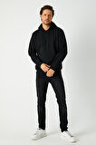 Erkek Siyah Basic Kapüşonlu Regular Fit Normal Kesim 2 İplik Kumaş Günlük Sweatshirt