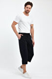 Erkek Yanları Cepli Siyah Bermuda Diz Altı Kapri Beli Ayarlanabilir Lastikli Uzun Şort CMRE74-Siyah
