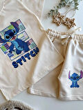 Erkek/Kız Çocuk Krem Renk Stitch Baskılı Kısa Kollu Tişört ve Şort Takımı - Yazlık Pamuklu Set (3-10 Yaş)