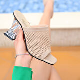 Akva Krem Triko Şeffaf Topuklu Terlik