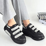 Elika Siyah Cilt Simli Cırt Cırtlı Spor Ayakkabı