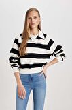 DeFacto Crop Polo Yaka Çizgili Kalın Sweatshirt C4584AX24SMBK81