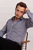Beyaz Lacivert Kareli Slimfit Gömlek